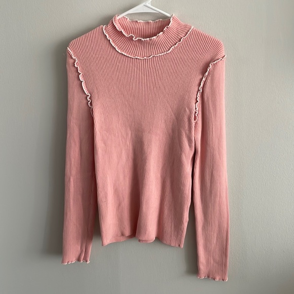 & Other Stories Sweaters - & Other Stories Pink Ribbed Ruffle Mock Neck Long Sleeve Top
